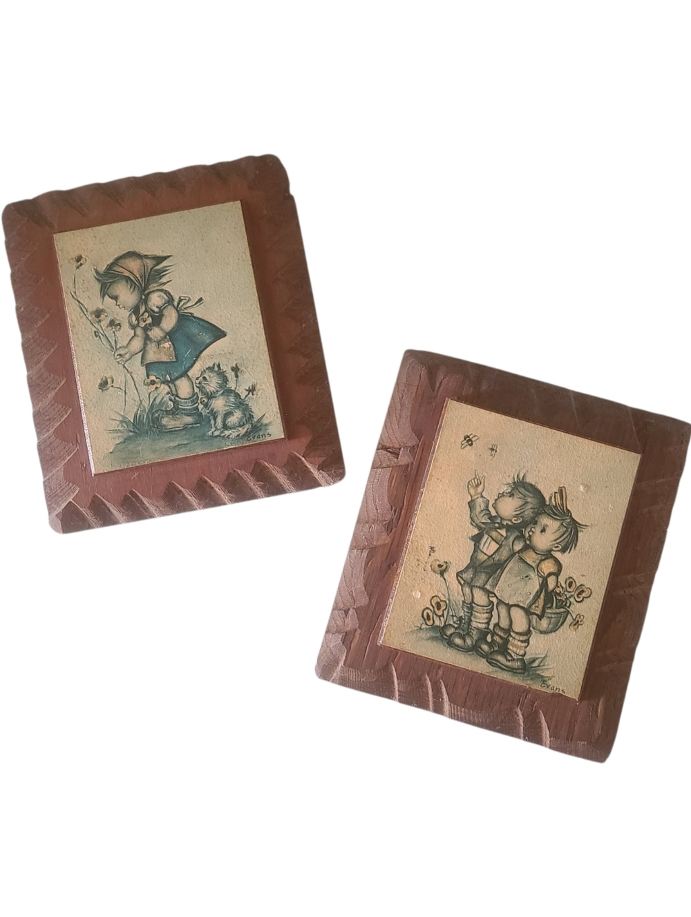 vintage 1970s hummel style Evans wooden wall plaques cottagecore set of 2